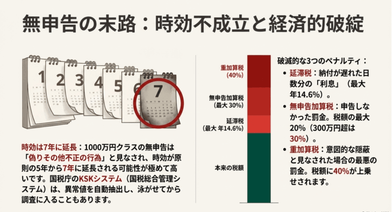 無申告が発覚した際の重加算税40％や延滞税などのペナルティ内訳グラフ