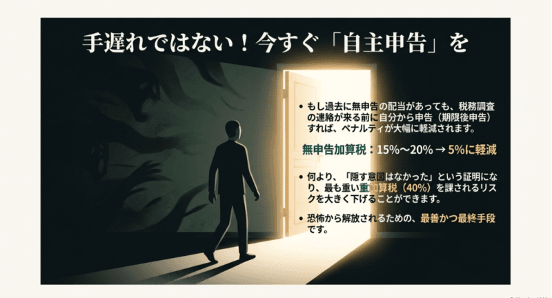 税務調査前に自主申告することで無申告加算税や重加算税のリスクを軽減できる解説